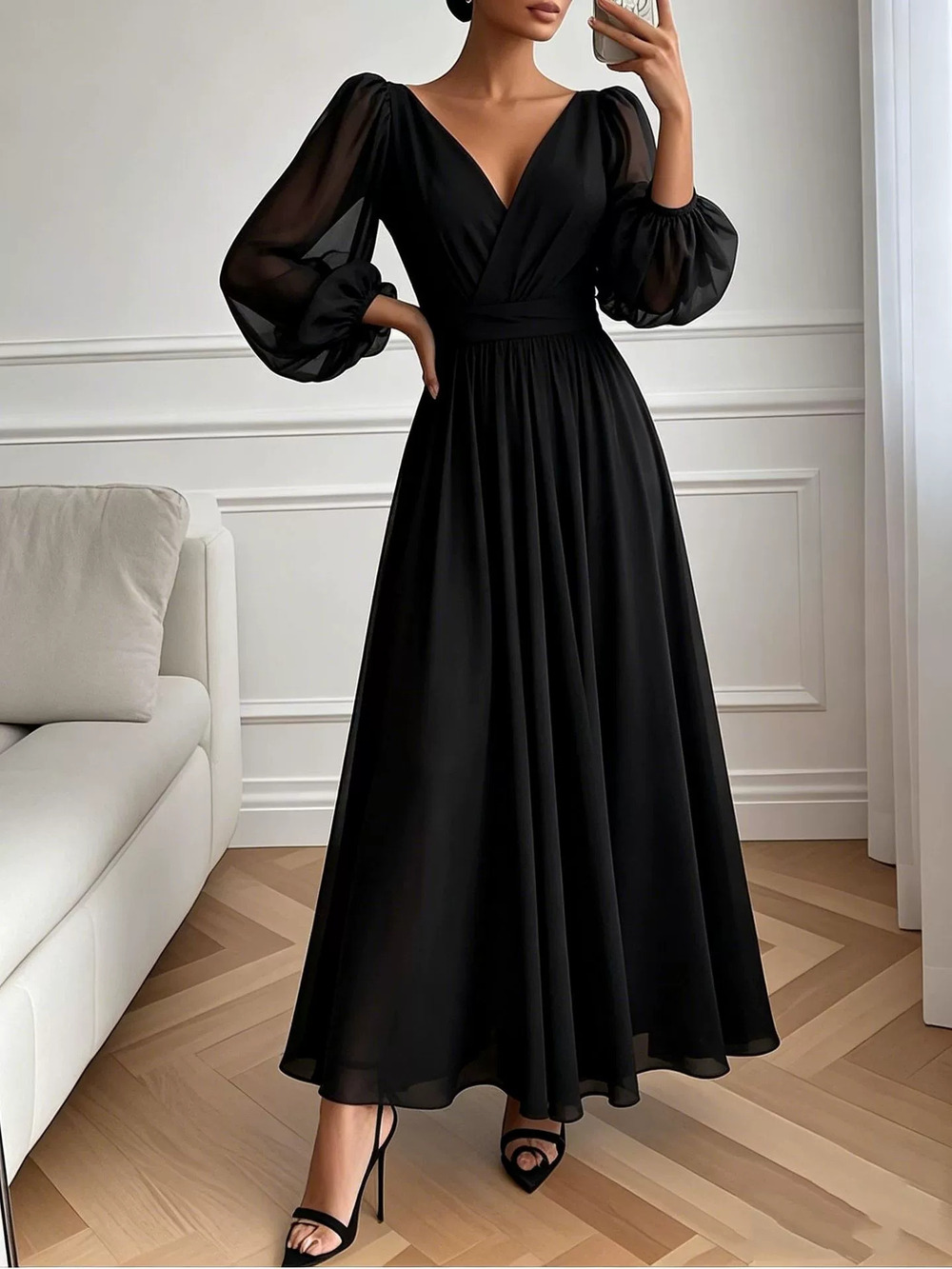 ZARA Black Collared Long Sleeve Cinched Waist Evening Gown